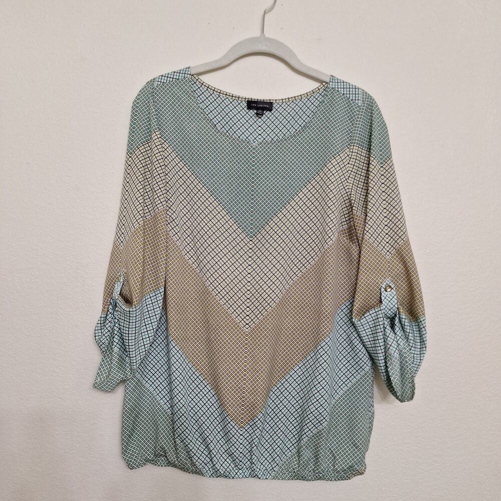 Women’s M Blouse Geometric 3/4" or Rollup Sleeve Top Elastic Hem The Limited